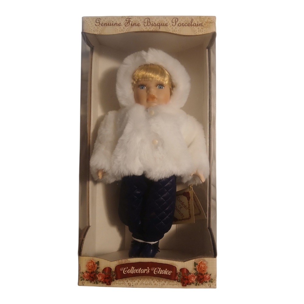 Elegant White and Blue Doll in Display Box